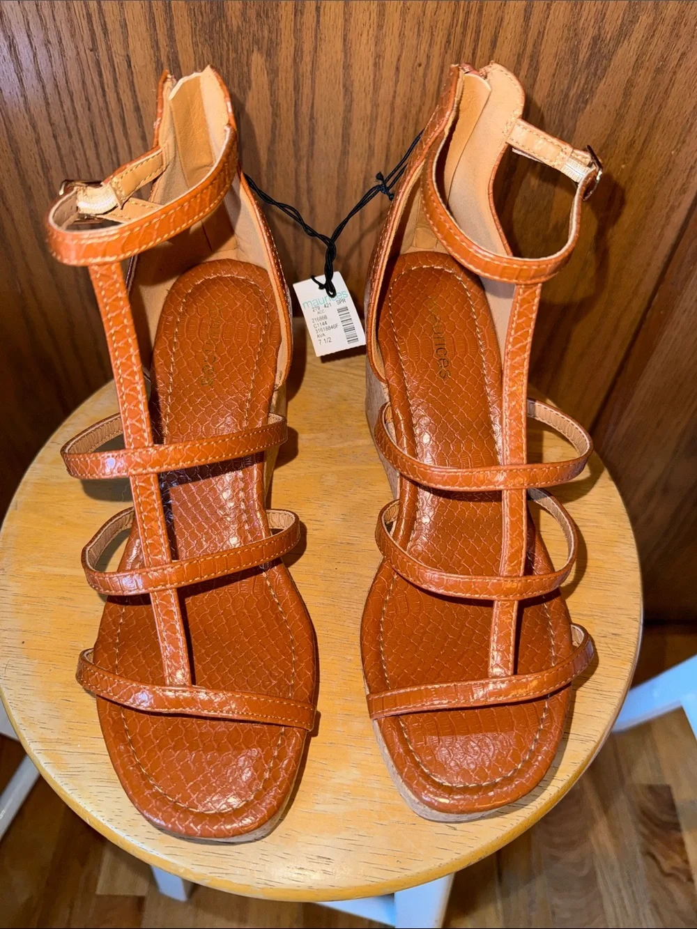 Maurices Cognac Strappy Cork Wedge Sandals